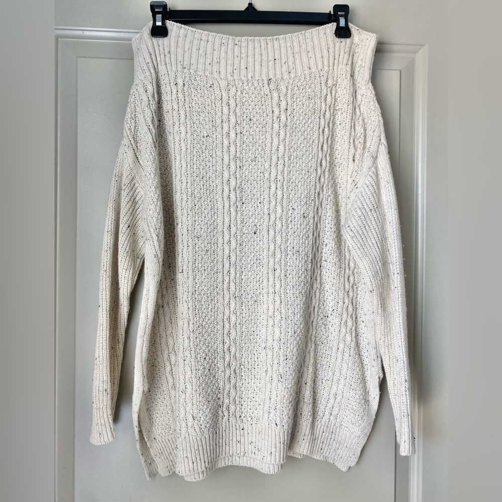 Off Shoulder Classic Knit Sweater in Heathered Oatmeal | Size S